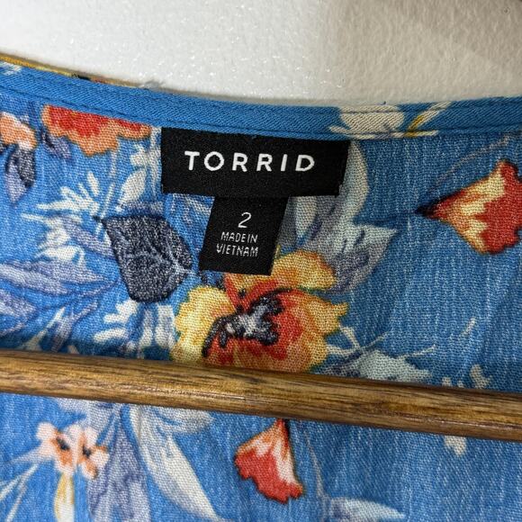 Torrid Tunic Top Womens 2X Blue Floral Short Sleeve Crochet Boho Peasant Blouse - Picture 3 of 7